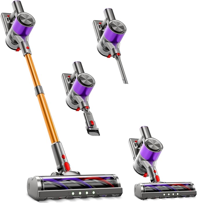 KIKETECH Cordless Vacuum Cleaner with Self-Standing Lightweight Powerful Suction VacuumLED Screen Stick Vacuum Cleaners for Home for Pet Hair Carpets Hardwood Floors (Light Yellow)