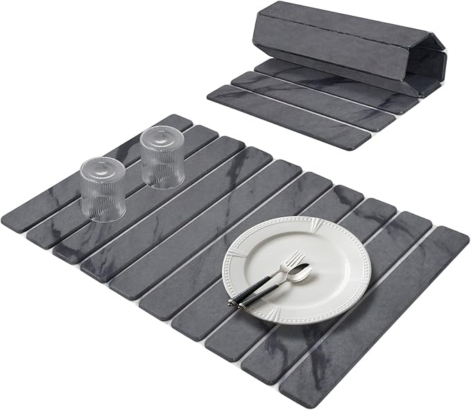 Large Stone Dish Drying Mats for Kitchen Counter 24(L)×16(W) Marble Pattern Quick Dry Collapsible Dish Drying Mat Eco-Friendly Absorbent Diatomaceous Earth Mat for Dishes Bottles Cups - Dark Gary