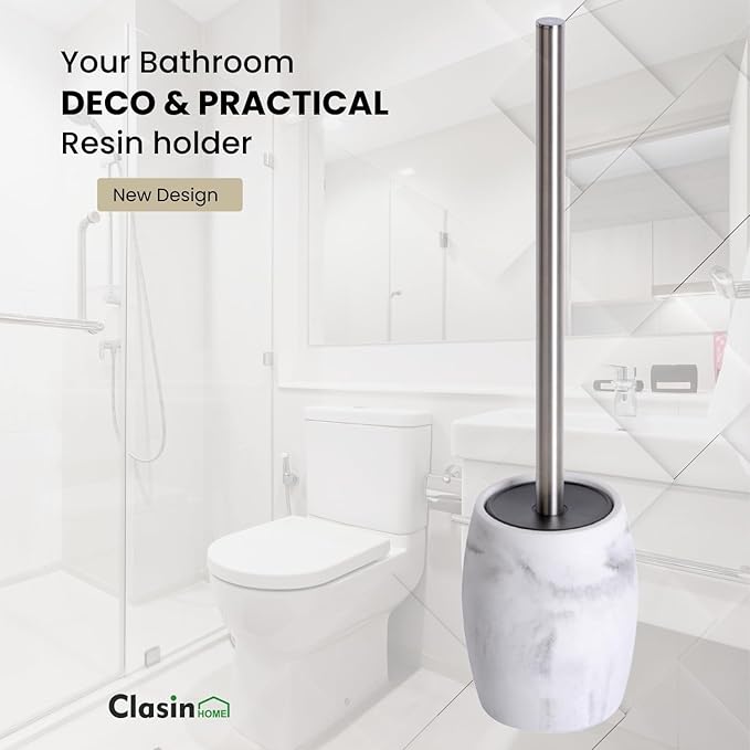 Toilet Bowl Brush and Holder with Stainless Steel Long Handle Toilet Scrubber Brush with Durable Base 360° Deep Cleaning Bristles for Bathroom Compact Set for Small Space (White)