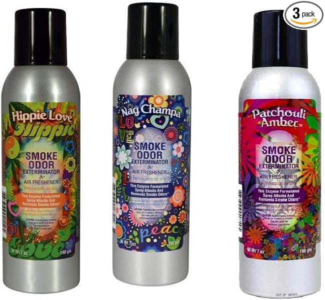 Tobacco Outlet Products - Hippie Love Nag Champa Patchouli Amber Smoke Odor Exterminator 7oz Spray 3 Pack (1 of Each)