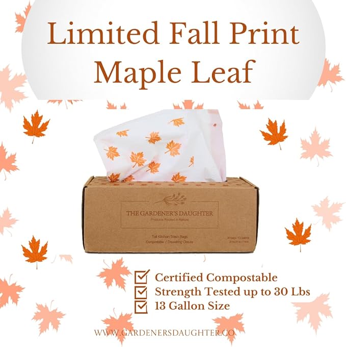 Limited Edition Fall Maple Leaf – Compostable Trash Bags by The Gardener's Daughter 13 Gallon 30 Count White Extra Strength Drawstring Kitchen Waste Bag – BPI &amp TUV Certified