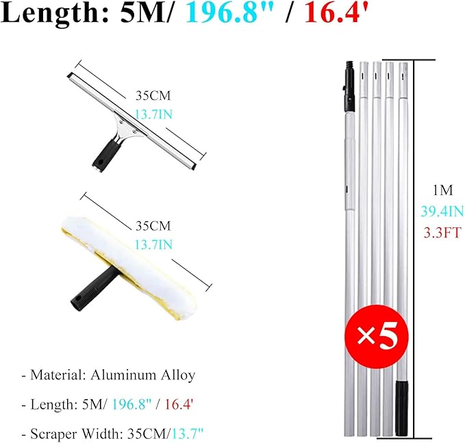 Window Cleaner Tool for High Windows 33 26 20 14 Feet 8 5 Ft Professional Extendable Cleaning Tool Kit/Telescopic Poles Bars for Indoor Outdoor Washing Glasses with Squ5m/196.8in/16.4ft