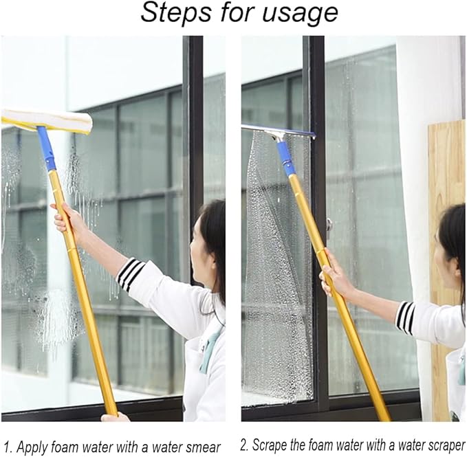 Window Glass Cleaner with Extension Pole 55/94/137/177 Long Handled Cleaning Kit Rubber Wiper for Bathroom Garage Window Cleaning Equipment with Microfiber Scrubber (137)
