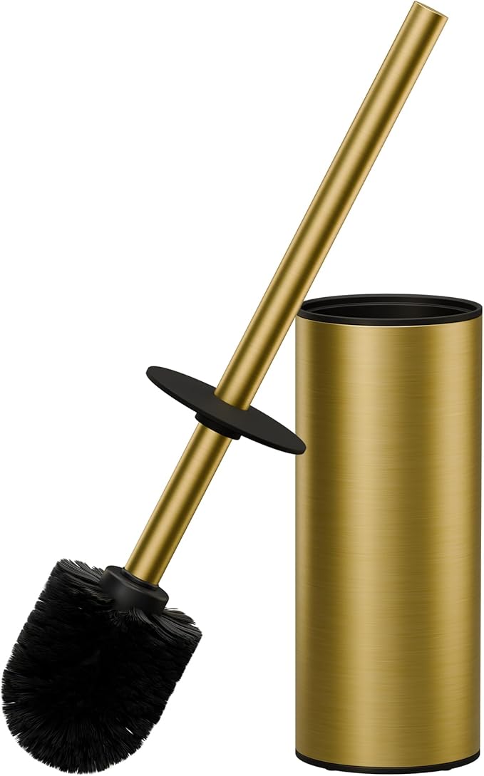 FORIOUS Toilet Brush and Holder Set 304 Stainless Steel Long Handle and Heavy Duty Base for Bathroom Deep Cleaning Drip-Proof Space Saving for Storage 2 Toilet Bowl Brush Head Dark Gold