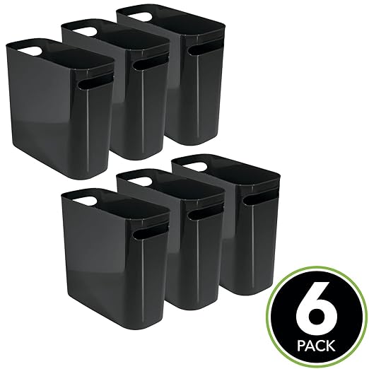 mDesign Plastic Small Trash Can 1.5 Gallon/5.7-Liter Wastebasket Narrow Garbage Bin Handles for Bathroom Laundry Home Office - Holds Waste Recycling 10 High Aura Collection 6 Pack Black