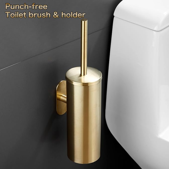 AIREMOEN 1PCS Brushed Gold Stud Free Toilet Brush and Holder Set 304 Stainless Steel Handle Toilet Brush Holder Toilet Brush and Plunger Set Bathroom Wall-Mounted Compact Toilet Brush Holder