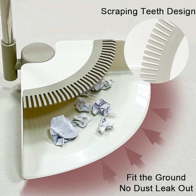 Triangular Indoor Broom and Dustpan Comb Set 180° Rotating Soft Bristle Long Handle Upright Sweeping Angled Broom with Self-Cleaning Teeth for Home Kitchen Office Wood Floor (White Gray)