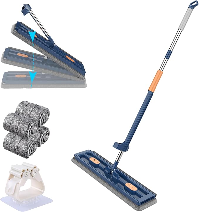 Self-Wringing 360° Flat Mop Multi-Functional Floor Mops Wall Cleaning with 2/4 Microfiber Pads 54 Adjustable Stainless Steel Long Handle Mop for Floors Corner Window (Blue+4 Mops)