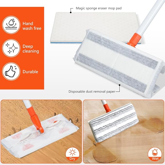 Mops for Floor Cleaning55 Handle with 10 Flat Head with 4 Magic Sponge Eraser Pads、2 Microfiber Pad and 50 Dry Cleaning Clothsfor Mopping Home Bathroom Kitchen