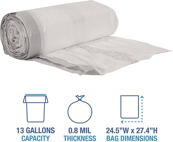 Regular-Duty 13 Gallon Drawstring Kitchen Trash Bags White Garbage Bags 24 x 28 100 Count