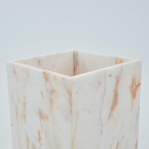 Elegant White Gold Marble Wastebasket Trash Can 7 X 7 X 9 Rectangular Trash Can with Natural Veining Marble Basket for Bathroom Bedroom Powder Room