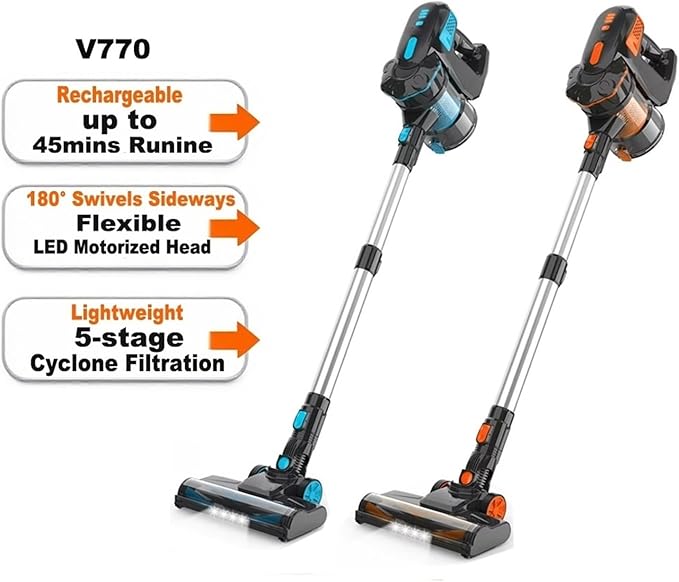 Cordless Stick Vacuum Cleaner - Compatible With INSE 20KPa Powerful Suction 6-in-1 Handheld Vacuum with 45min Runtime for Home Bed Carpet Hair(V770 OrangeEU)