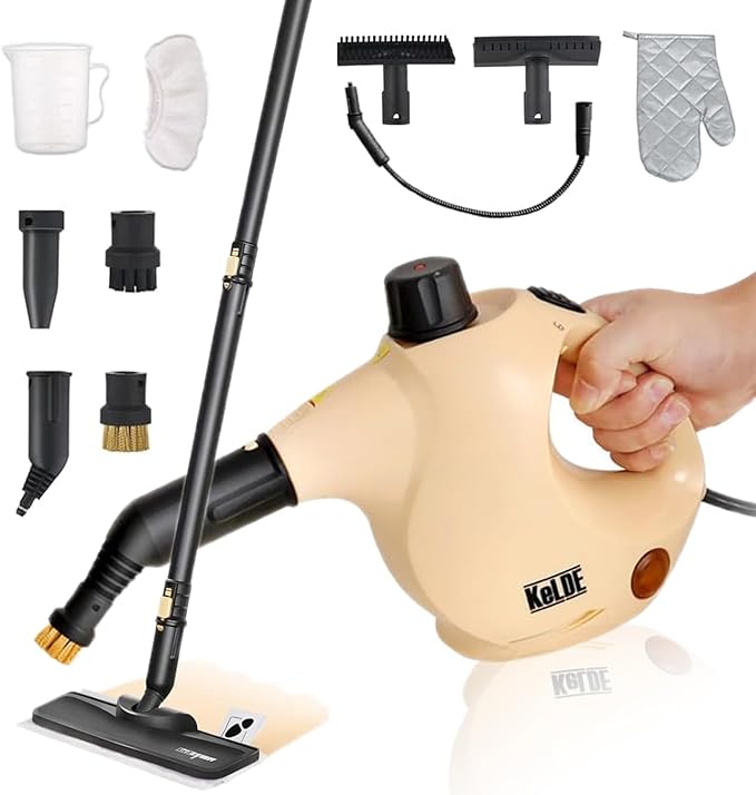 KeLDE 1300W Pressurized Handheld Steam Cleaner with Extension Rod 12 Accessories Multi-Surface Multi-Purpose Steam Mop for Deep Cleaning Home Kitchen Floor Grout Upholstery Sofa Carpet and Car