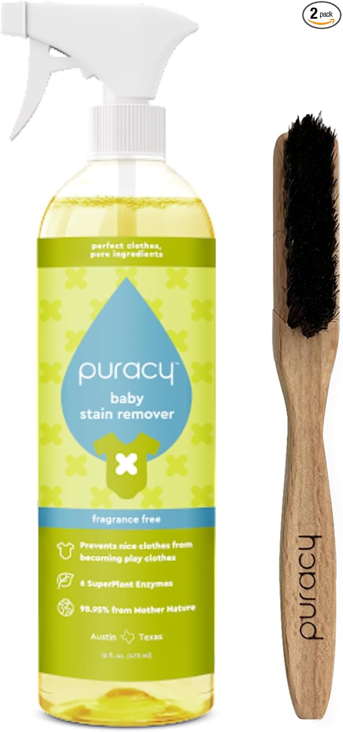 Puracy Natural Baby Laundry Stain Remover Enzyme Odor Eliminator Free &amp Clear 16 Fl Oz and Laundry Stain Remover Brush for Tough Stains Effective Stain and Odor Eliminiation Bundle