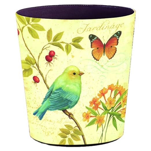 10L/2.64 Gallon Trash Can Decorative Waste Basket PU Leather Waste Paper Basket Waterproof Garbage Can for Bathroom Bedroom Office Kitchen and Living Room - Green Bird