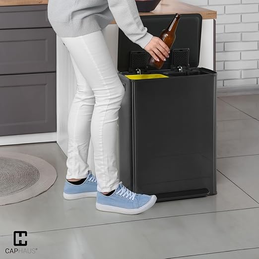CAPHAUS Black Dual Trash Can w/Single Lid Trash &amp Recycle Bins Combo Hands-Free Stainless-Steel Garbage Can for Kitchen with 2 Compartment Hinged Lid Odor Filters Handles 30L+30L 2 x 8 Gal
