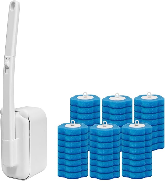 Disposable Toilet Brush with 48 RefillsToilet Cleaning SuppliesToilet Wand Brush Starter KitWall Mounted Toilet Bowl Cleaner Brush with Holder for Bathroom Deep Cleaning &amp Hygiene (White)