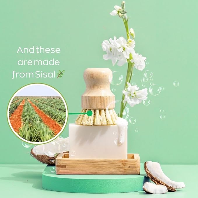 Green Llama Eco-Friendly Dish Washing Bar Soap Set with 2 Fragrance-Free Solid Coconut Oil Bars Sisal Scrub Brush and Bamboo Holder - Sustainable Kitchen Cleaning set