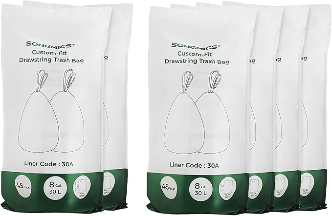 SONGMICS 4-Roll and 2-Roll Drawstring Trash Bags Bundle 8.5 Gal. Garbage Bags for 8 Gal. or 16 Gal. Dual Trash Cans Custom-Fit Liner Code 30A 270 Count Total White UKRB030A04 and UKRB30A02
