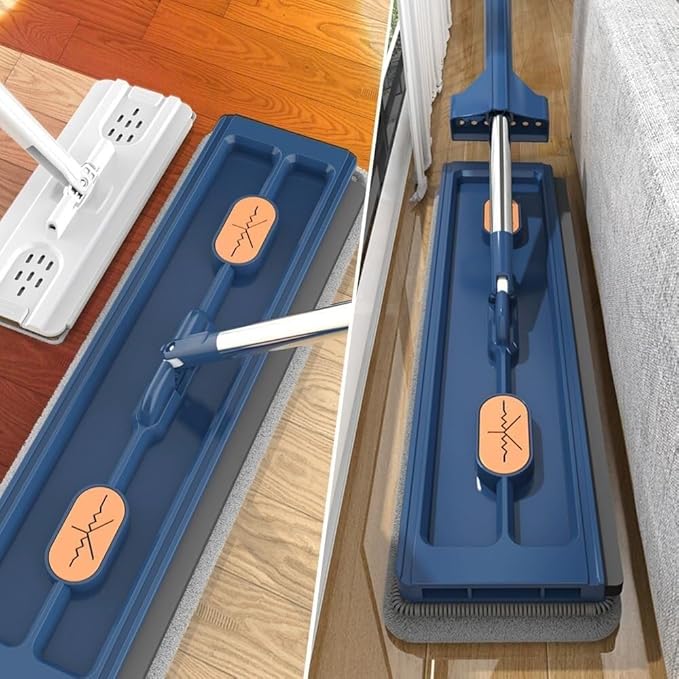 Large Flat Mop New Upgrade Style Large Flat Mop for Wet and Dry Use360 Rotating Dust Mop with Dewatering Scraper with 2 Scraper 12027(Blue with 4 Mop)