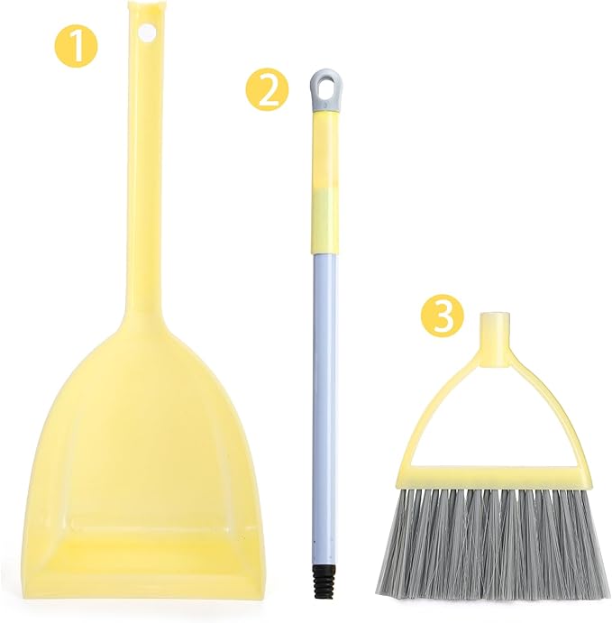Nicunom Set of 4 Mini Broom with Dustpan for Kids Children Broom and Dustpan Set Cleaning Set Boys Girls Little Housekeeping Helper Set for Kitchen Bathroom Pet
