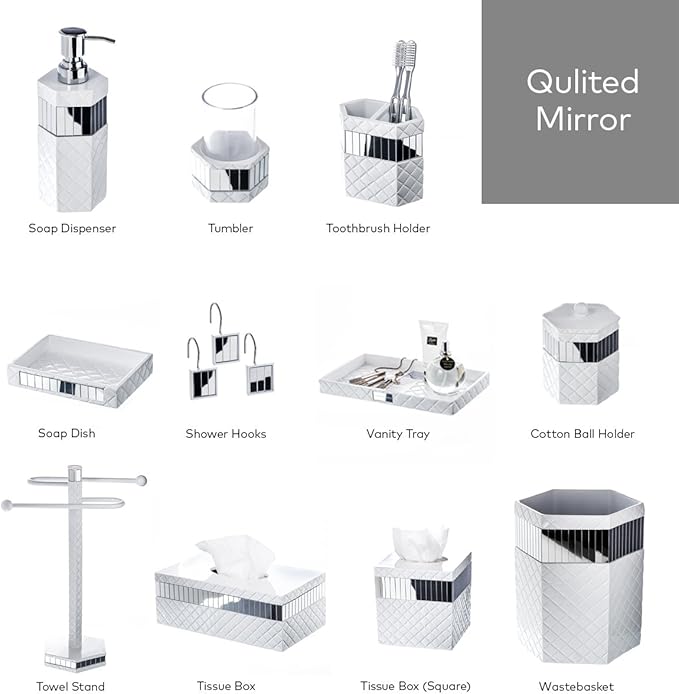Creative Scents Quilted Mirror White Bathroom Accessories Set - Decorative 4 Piece Bathroom Set - Mirrored Bathroom Accessory Set Includes: Soap Dispenser Toothbrush Holder Tumbler &amp Soap Dish