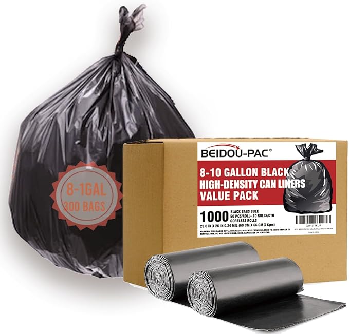 8-10 Gallon Trash Bags 1000 Count Bulk Value Pack Black Garbage bags Multi-purpose Trash Can Bin Liners for Bathroom Office Industrial Commercial Janitorial Municipal Recycling