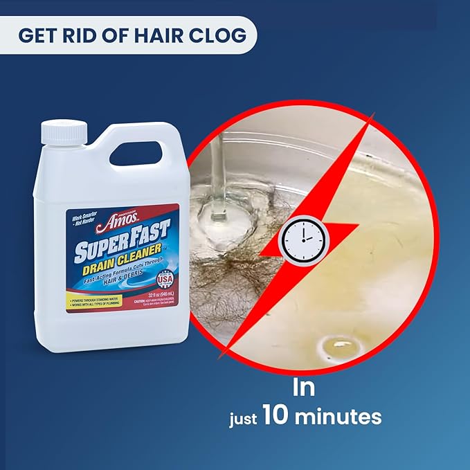 Professor Amos' Superfast Drain Cleaner Dissolve Hair Grease Food &amp Build Up Fast 4-6 Applications Per Bottle