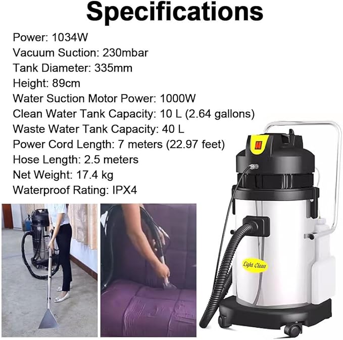 Industrial Carpet Cleaner Machine Commercial Portable Floor Vacuum 360° Smooth-Rolling Wheels Bottom Drainage Hole for HotelsGuesthousesDry CleanersOfficesCleaning Companies 40L