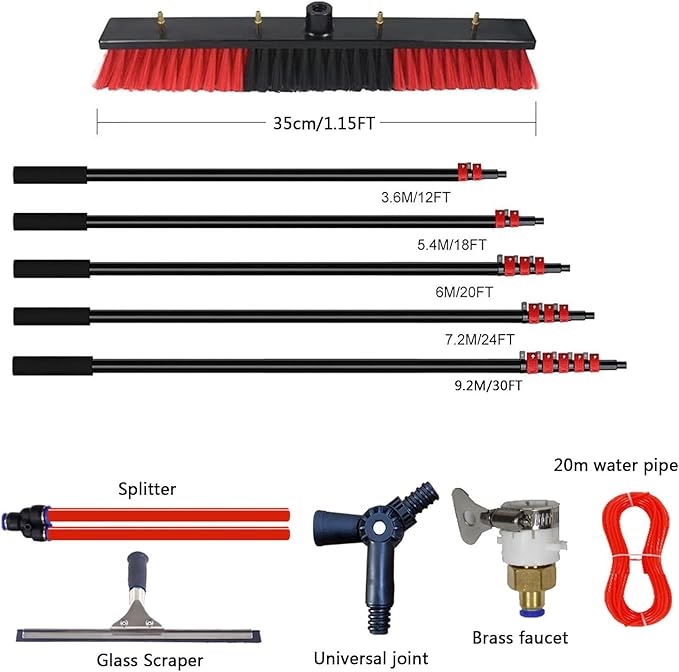30 FT Washing Set Equipment Telescopic Extension Pole Cleaning Kit Suitable for Window CleaningExtendable Roof Solar Panel Cleaner6m