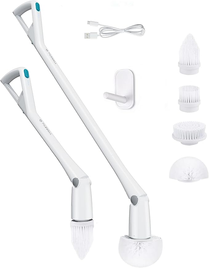 Tilswall Cordless Electric Spin Scrubber - Powered Shower &amp Tile Cleaning Brush with Detachable Handle 2-Speed Modes &amp Extra Battery for Bathroom Tub/Glass/Car Windows