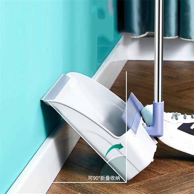 White and Folding Standing Broom Dustpan Set for Home Use with Hanging Teeth Sweeping Rotating