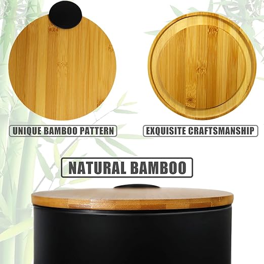 Mini Trash Can with Bamboo Lid Soft Close and Foot Pedal 0.8Gal / 3L Tiny Round Trash Can with Removable Plastic Inner Wastebasket for Bathroom Bedroom Powder Room Office Desk Car Black