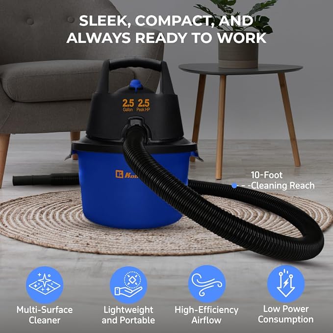 Koblenz WD-2.5L Portable Wet Dry Vacuum 2.5-Gallon 2.5 PHP Suction Plus Blower Vacuum Cleaner for Liquids Dust Pet Hairs 10’ Reach For Car Cleaning Wall-Mount Support Parts Included Blue/Black