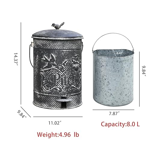 Farmhouse Garbage Can with Lid Indoor Outdoor Trash Can with Embossed Bird and Flowers PatternMetal Retro Kitchen Trash Can with Lid for Kitchen Room and Garden Decor (Black)