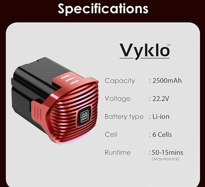V-R8 Vacuum Replacement Rechargeable Battery 2500mAh 22.2V 55.5Wh Lithium Ion Cordless Vacuum Cleaner Lightweight Stick Up to 50 Min Runtime Red (NOT for V-S12)