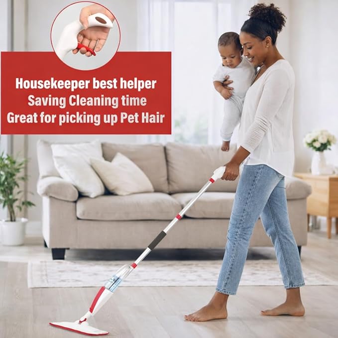 Spray Mop for Floor Cleaning with Refillable Bottle (14 oz) 3 Washable Microfiber Pads &amp Scraper – Lightweight 360° Rotating Mop No Batteries Streak-Free Cleaning for Hardwood Tile &amp Lamin