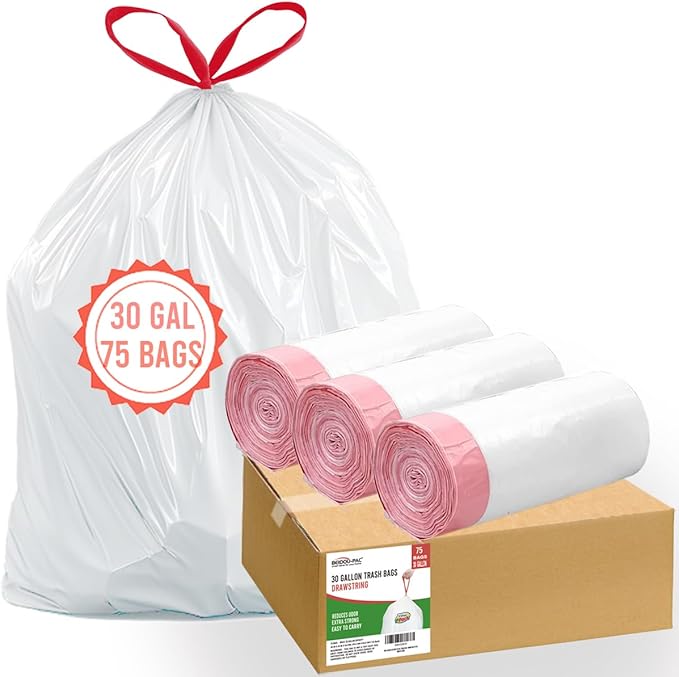 30 Gallon Trash Bags Drawstring 75 Count | Heavy Duty | White | Unscented Can Liners
