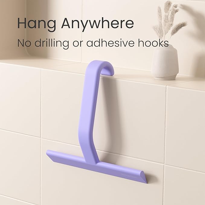 dancemoon JustHang Shower Squeegee for Glass Doors All-in-One Piece Silicone Squeegee with Built-in Hook for Bathroom Window Mirror Tile Wall Car Streak-Free Bathroom Cleaner Tool10 Inch Purple