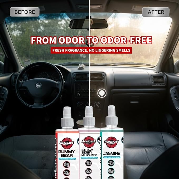 Renegade Products Fruit &amp Floral Air Freshener Bundle – 5-Pack Spray Set for Cars Trucks &amp Home – Includes Jasmine Strawberry Twisted Cherry Cotton Candy &amp Gummy Bear