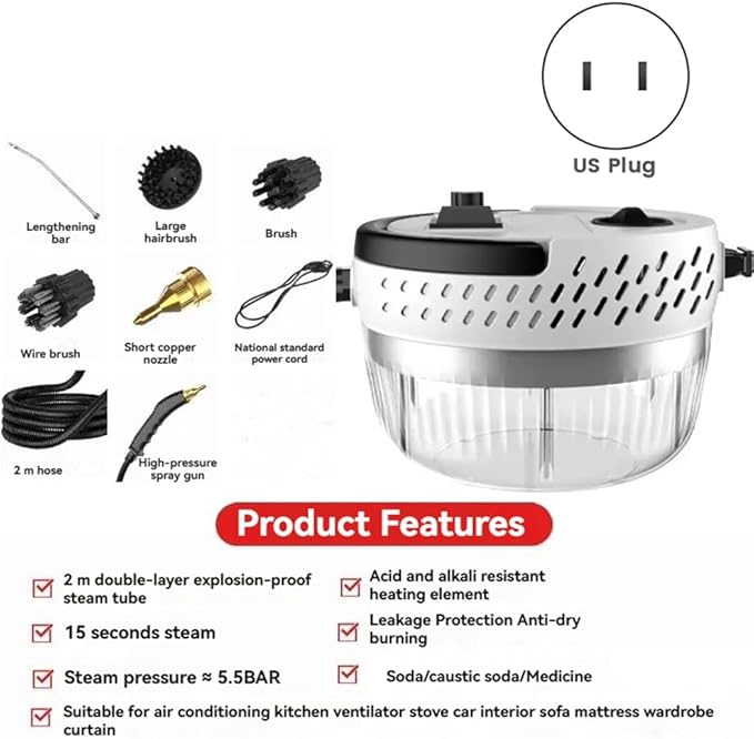 High Pressure and Temperature Steamer 2m Double-Layer Explosion-Proof Steam Pipe Leakage Protection Anti-Dry Burning Handheld Steam Cleaner B US Plug