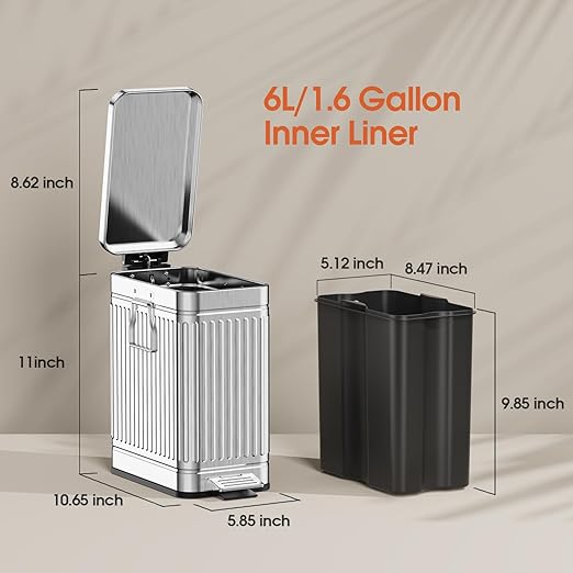 Small Bathroom Trash Can with Lid Soft Close 6L / 1.6 Gallon Stainless Steel Garbage Can with Step Pedal &amp Odor Control Slim Trash Bin for Toilet Office Bedroom - Sliver