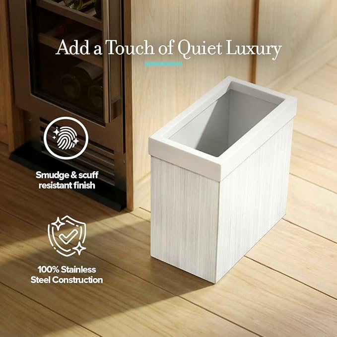 Gatco Small Bathroom Trash Can with Lid Rectangle 3 Gallon Wastebasket Under Sink White Oak with Matte White for Bathroom Bedroom Office (1943W)