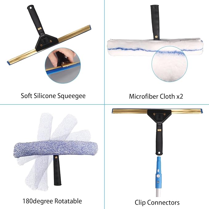 Pro Window Cleaning Kit with Storage Bucket with 4 13 inch Extension Rods Scrubber Spray Bottle Rag and Scraper with Rotating Head - Car/Home Glass Cleaning System