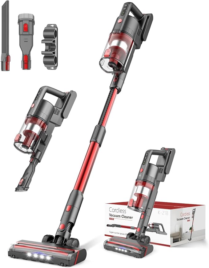 Cordless Vacuum Cleaner 85000PRM Upgraded Dual Suction Cordless Stick Vacuum up to 35mins Runtime Lightweight Rechargeable Vacuum for Home (Bright Red)