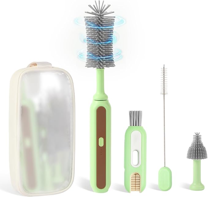 Electric Baby Bottle Brush Cleaner 5-in-1 Travel Kit with Storage Bag Food-Grade Silicone Long Battery Life Portable Baby Bottle Cleaner Brush Set Ideal Gift for Parents &amp Babies (Green)
