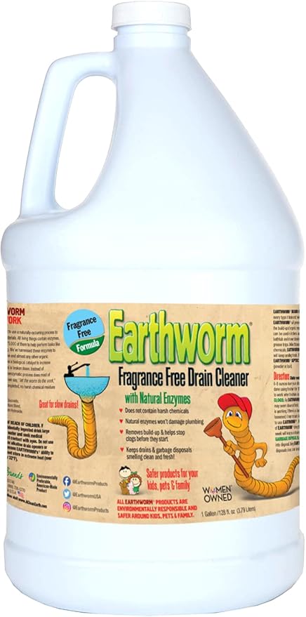 Earthworm Fragrance Free Drain Cleaner - Drain Opener - Natural Enzymes Environmentally Responsible Safer for Pets and Kids - 1 Gallon