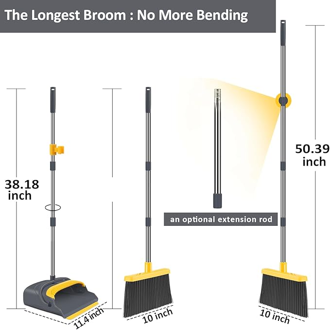 kelamayi Upgrade Broom and Dustpan Set Broom with Dustpan Combo Set Self-Cleaning with Dustpan Teeth Indoor&ampOutdoor Sweeping Stand Up Broom and Dustpan (Gray&ampYellow)