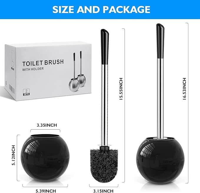 Toilet Brush and Holder 2 Pack 304 Stainless Steel Toilet Brush with Extended and Durable Comfortable Brush Handle Toilet Bowl Brush for Bathroom Toilet - Ergonomic Pratical Durable (Black)