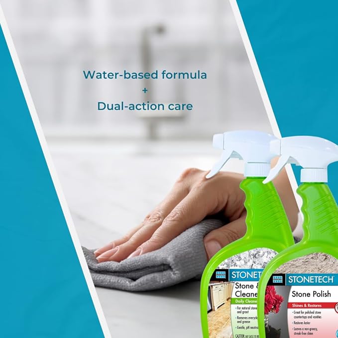 StoneTech Stone &amp Tile Cleaner and Stone Polish Duo – Daily Cleaner &amp Polish for Granite Marble Quartzite Travertine – Removes Dirt &amp Restores Shine – 2 Microfiber Cloths – Fresh Scent